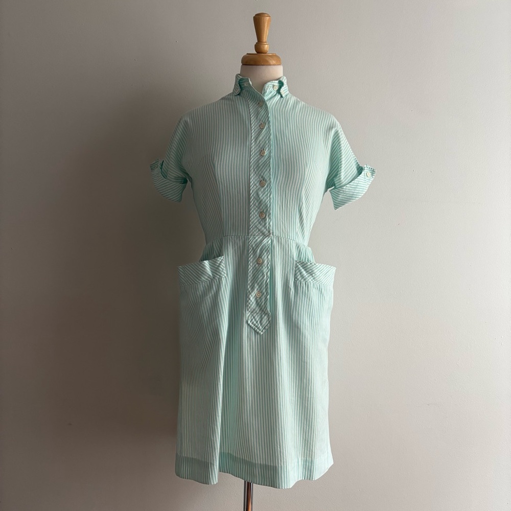 Vintage 1960s Robin's Egg Blue & White Candy Stripe Button Down Dress